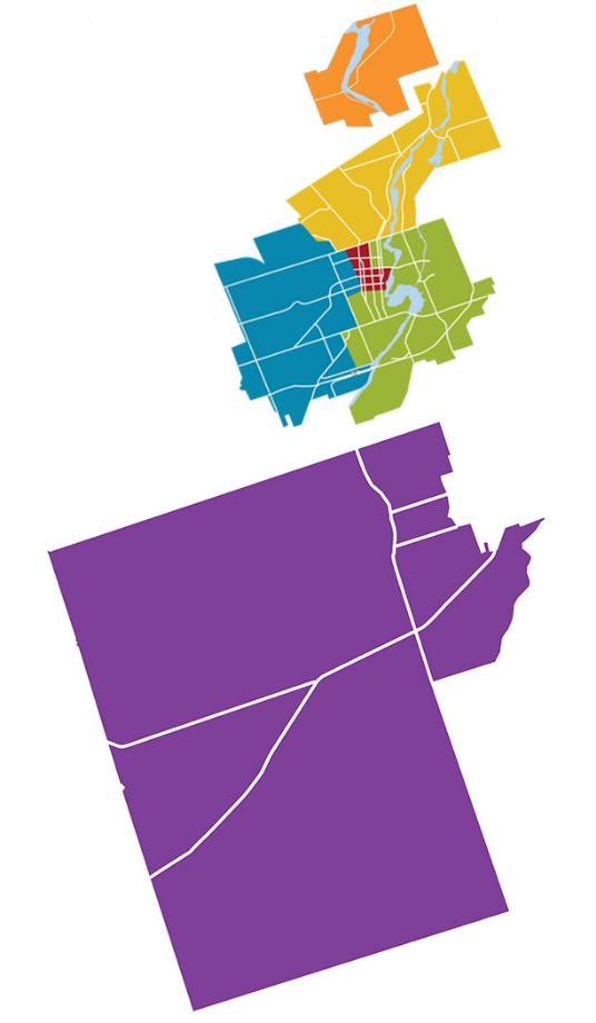 Community Patrol Map highlighting the four patrol areas in Peterborough, the patrol area of Lakefield and the patrol area of Cavan-Monaghan